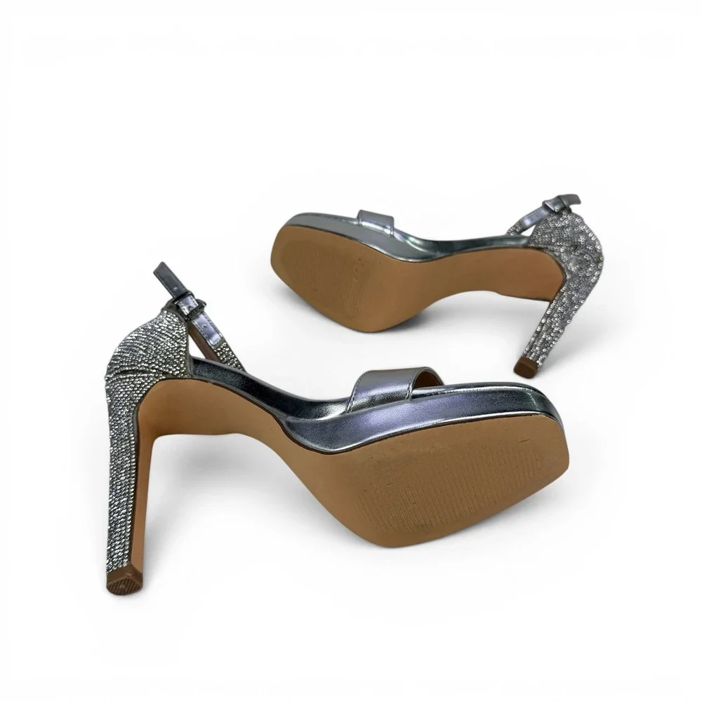 Steve Madden Maisa Silver Rhinestone Platform Sandals Heels Womens 10 Square Toe
